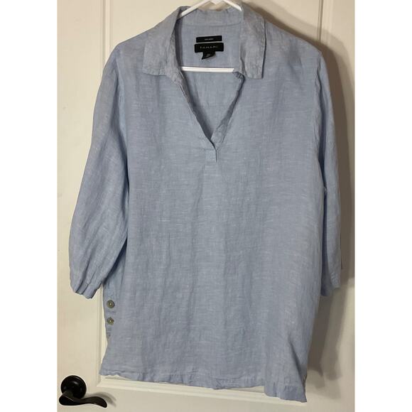 Tahari 100% Linen Blue 3/4 Sleeve V Neck Side Button Detail Loose Blouse Plus 1X - Picture 1 of 6